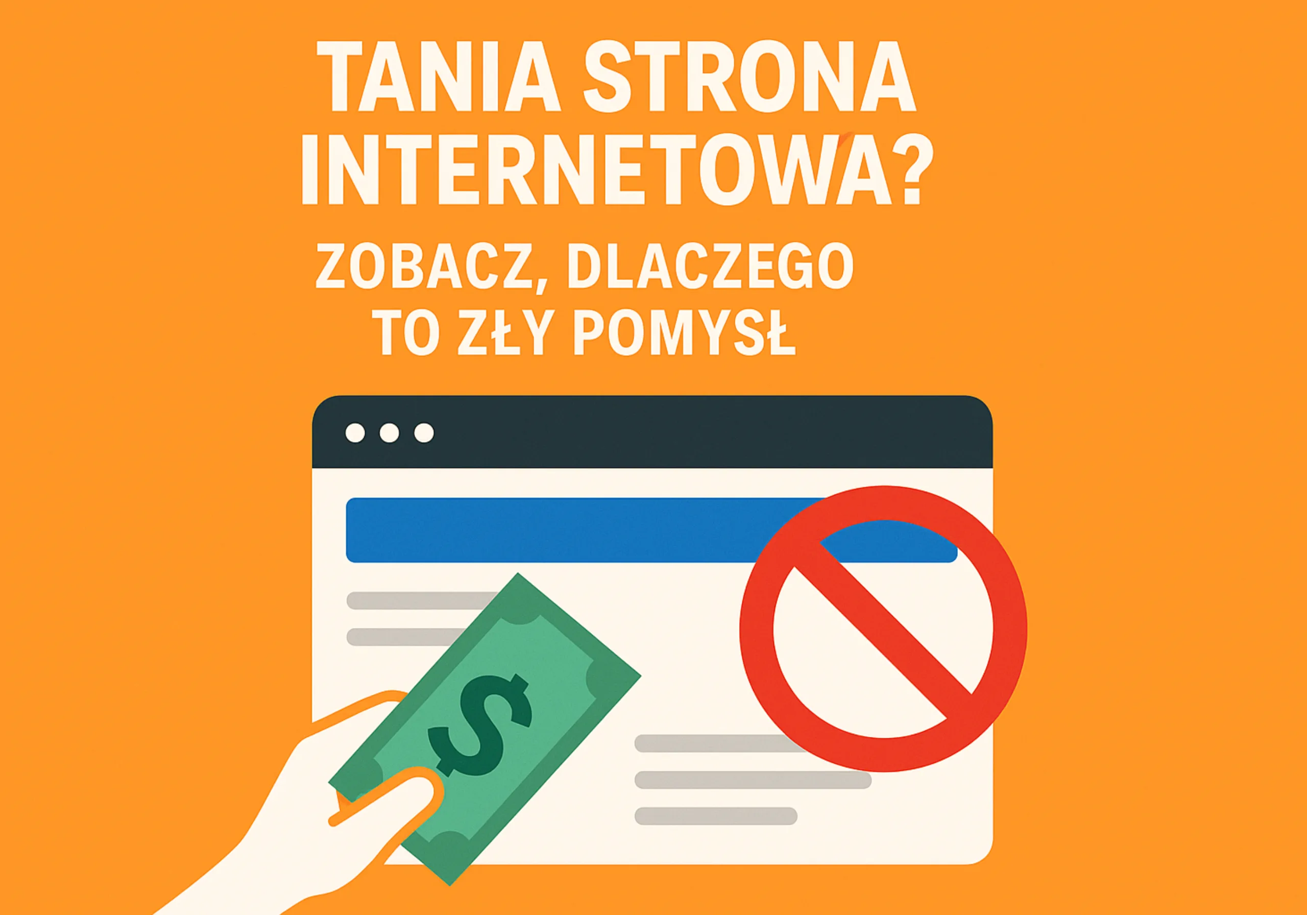 Minimalistyczna grafika przedstawiająca symbol tanią stronę internetową i kontrast między niską ceną a jakością.